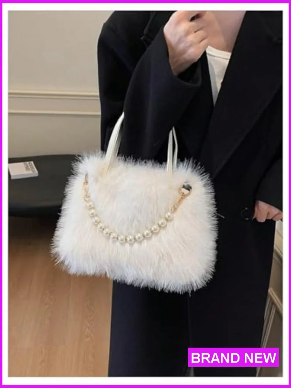 Faux Fur Fuzzy Satchel Handbag Pearl Strap Furry Plush Crossbody Shoulder Bag